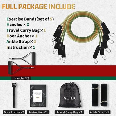 Набір еластичних стрічок для фітнесу VEICK: 4 шт. (зелені) для калістеніки, пілатесу