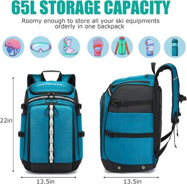 Чохол для лижних черевиків з відділенням для шолома, 65L, нейлон. Рюкзак для лиж, роликів, ковзанів (синій)