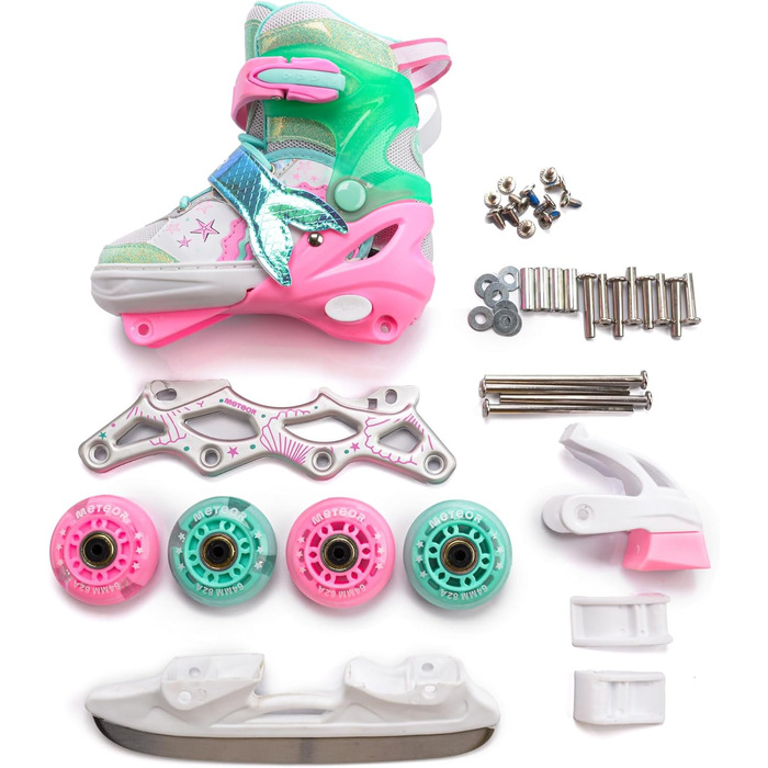 Дитячі ролики Meteor Vertellbare 4-в-1 – ролер, інлайн, ролерблейди для дітей, ABEC-7, PU-колеса, алюмінієвий фрейм, розміри X25-28, 30-33, M34-37 (S, Рожевий Русалка)