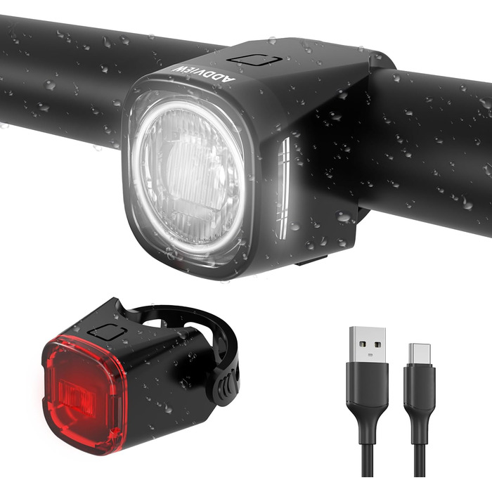 Набір велоліхтарів ADDVIEW, сертифікований StVZO, LED, IP65, водонепроникний - передній + задній ліхтар, USB Type-C, монтаж без інструментів, Twins