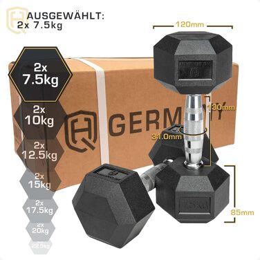Гантелі HQ Germany Hexagon 2x7.5 кг, набір, шестигранні, професійні, вага 2.5-37.5 кг, ±1,5%
