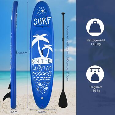 Надувна SUP-дошка GYMAX 335x76x16 см, комплект із рюкзаком, веслом, насосом, ременем для ноги та ремкомплектом, нековзна поверхня, для серфінгу та веслування