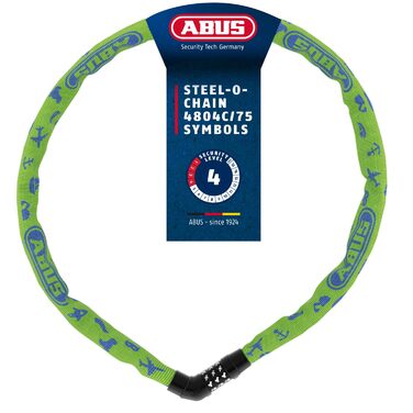 Кодовий ланцюговий замок для дитячого велосипеда ABUS Steel-O-Chain 4804C SYMBOLS, рівень безпеки 4, зелений (Lime), 75 см