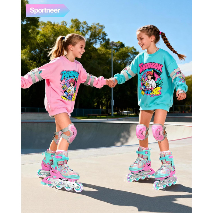 Дитячі ролики Sportneer з регульованим розміром 30-41, комплект з 6 захисними елементами, LED ролики для дівчаток та жінок, рожевий колір, розмір L (EU 38-41)