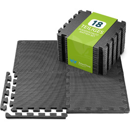 Захисний килимок ZenOne Sports 30x30x1 см, 18 шт — модульний гумовий килимок для підлоги, тренажерного залу, фітнесу, домашнього спортзалу, чорний