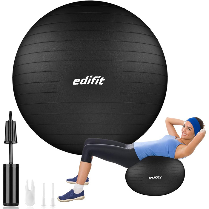 Гімнастичний м'яч EDIFIT 65 см чорний для йоги, пілатесу та фітнесу з насосом
