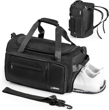 Спортивна сумка Henmi 43L з відділенням для взуття та мокрих речей, чорна. Ідеальна для подорожей, тренувань та фітнесу.