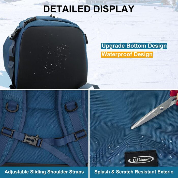 Сумка для лижних черевиків з відділенням для шолома, 65L, рюкзак для лиж, водонепроникна сумка для лиж, для лижних черевиків, ковзанів, лижних окулярів, сноуборду, лижних рукавичок, блакитна