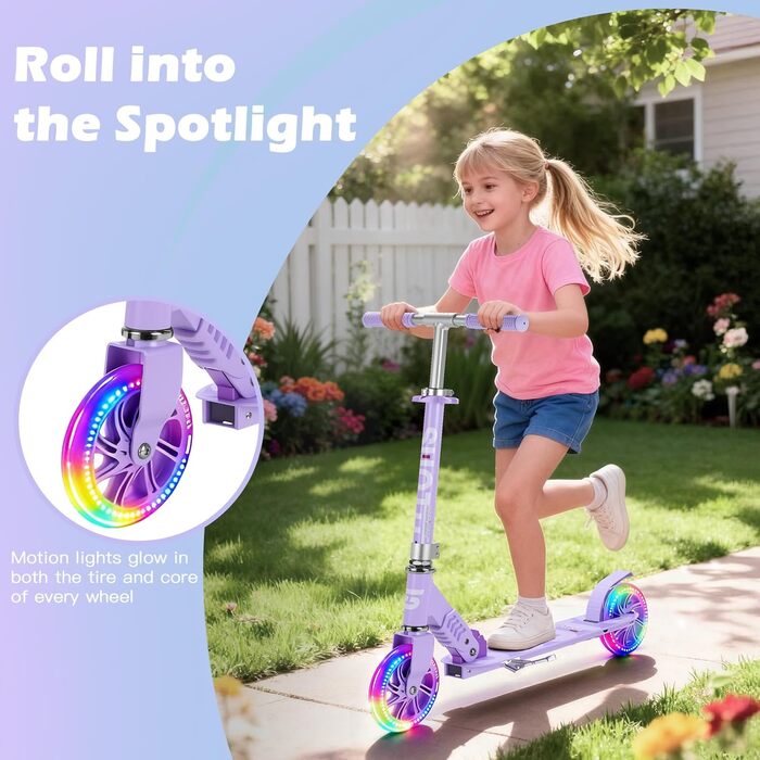 Самокат дитячий SUOTU з колесами 145 мм, до 100 кг, світлодіоди, складаний, регульована висота, для хлопчиків та дівчаток, алюмінієвий (Фіолетовий)