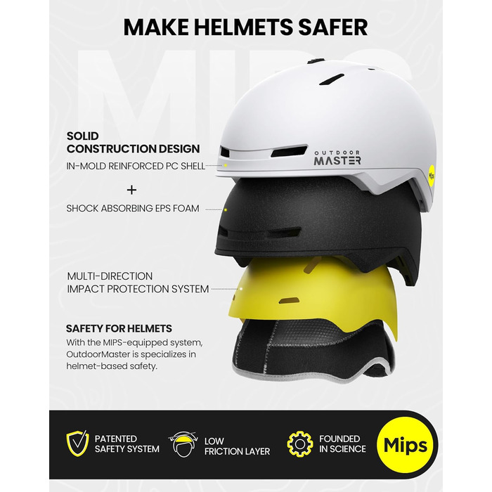 Захисний комплект OutdoorMaster MIPS: лижний шолом і маска PRO, регульований, для сноуборду та гірських лиж, чоловіків, жінок і підлітків, білий, розмір M