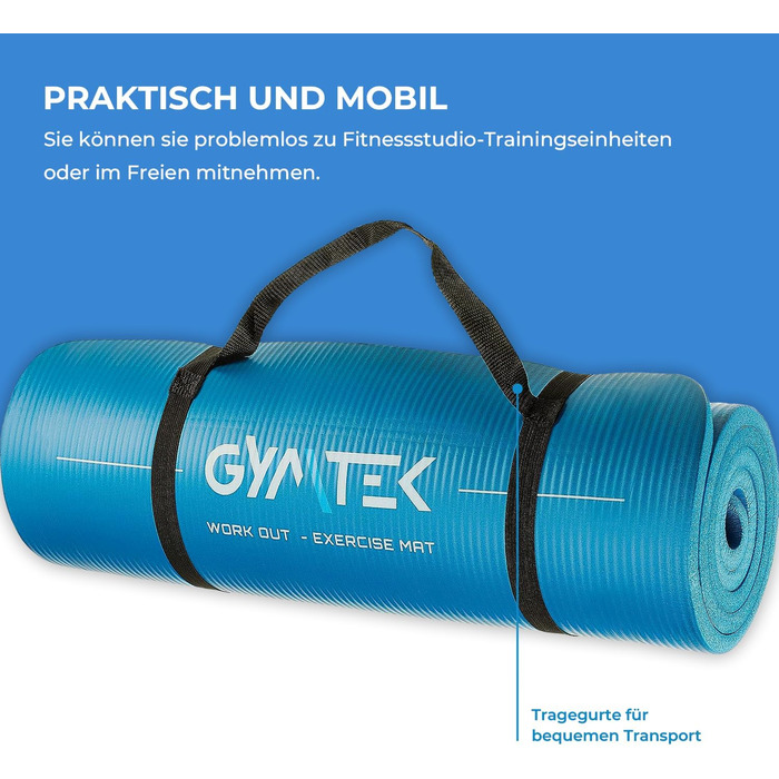 Гімнастичний килимок Gymtek 180x61 см, NBR 1,5 см, для йоги, фітнесу, пілатесу, з ременем, синій