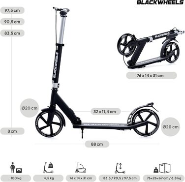Самокат Blackwheels Orio Cityroller складаний, 200мм колеса, алюмінієва рама, ABEC 7, чорний – для підлітків та дорослих