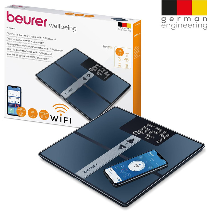 Діагностичні ваги Beurer BF 980 з Wi-Fi та Bluetooth, аналіз і графіки в додатку, вимірювання пульсу, акумулятор, чорні