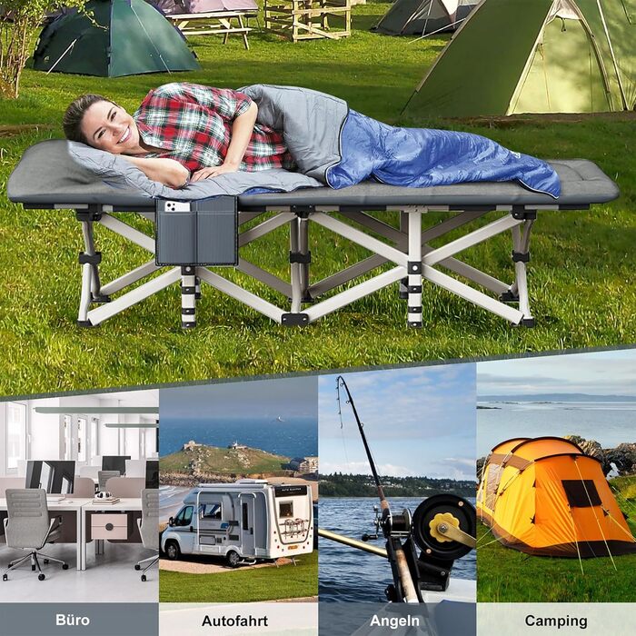 Кемпінгове ліжко Caliyo складне, з матрацом 200 x 80 x 40 см, до 200 кг, з мішком для зберігання, сірий