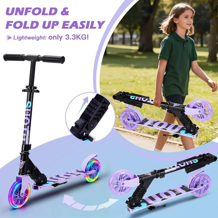 Самокат дитячий SUOTU з колесами 145 мм, до 100 кг, світлодіоди, складаний, регульована висота, алюмінієвий (Чорно-фіолетовий) для хлопчиків та дівчаток 3-12 років