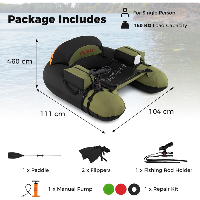 Надувний човен FANTASK для риболовлі з насосом, алюмінієвим веслом та ластами, регульованим утримувачем для вудки, статором для гачків, для дорослих, зелений