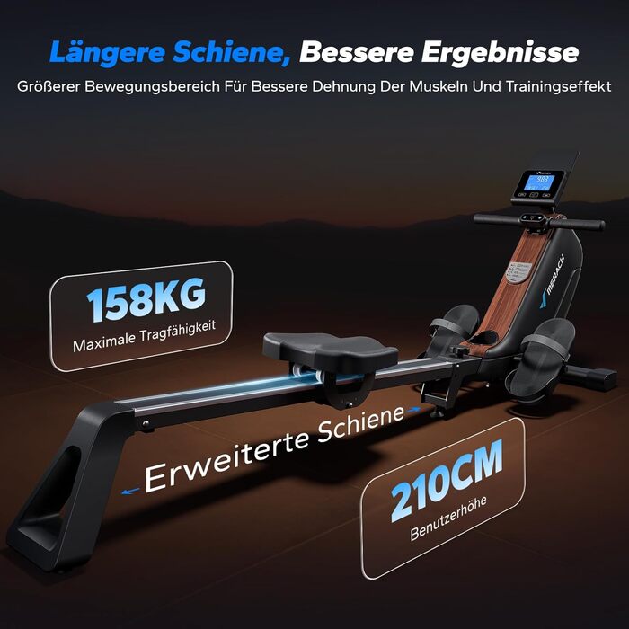Гребний тренажер MERACH для дому, складаний, з магнітним приводом, тихий, з додатком, подовжені направляючі рейки, електричне регулювання (Plug-in)