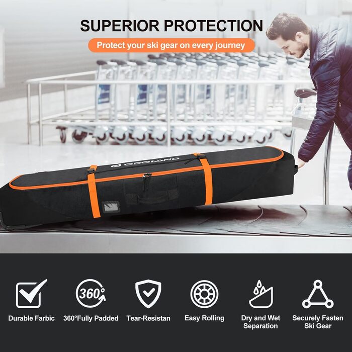 Чохол для лиж Odoland з роликами, водонепроникний, для подорожей літаком, 170 см, оранжевий