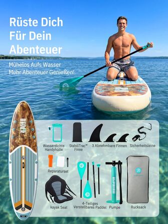 Надувне SUP-борд Niphean Stand Up Paddle Board з сидінням та аксесуарами, 320 см, для 2 осіб (200 кг), Greenwave Woodtune з StabilTrac-фіном