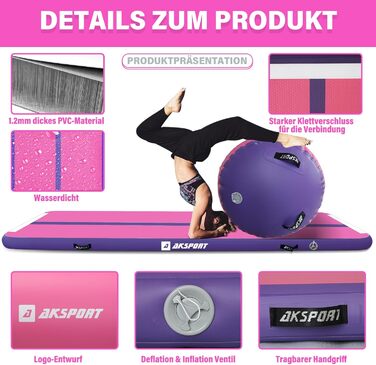 Airtrack AKSPORT з роликом для гімнастики: надувна килимок для дому, йоги, чеерлідингу, акробатики, ролінгів, 3м, рожевий