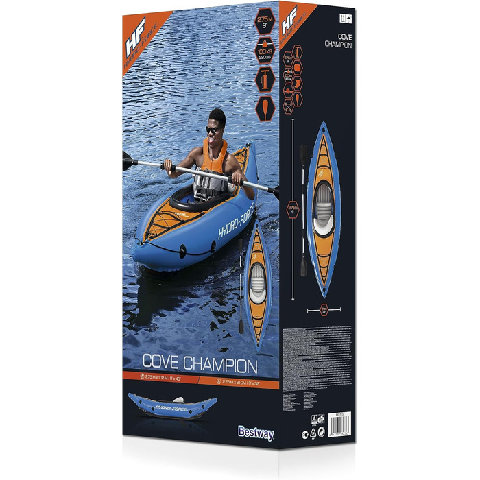 Надувний каяк Hydro-Force Cove Champion для 1 особи, з ручним насосом, веслом та сумкою, синій