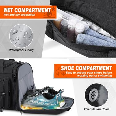 Спортивна сумка RAINSMORE 40L, водонепроникна, з відділенням для взуття, для чоловіків та жінок, чорна