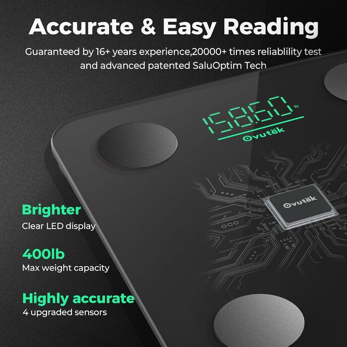 Ваги Ovutek для тіла з аналізом складу: жир, м'язи, вода, BMI. Макс. 180 кг, великий дисплей, фітнес-додаток. Чорний колір