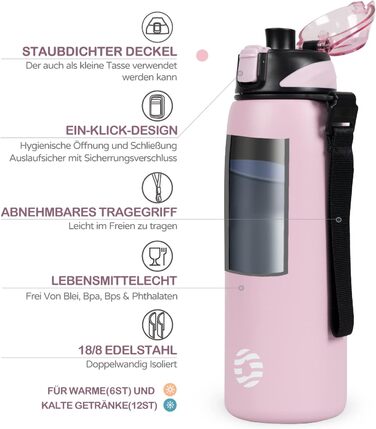 Дитяча термос-бутилка FJbottle 800 мл, нержавіюча сталь, рожевий, BPA-Free, герметична, для води та газованих напоїв, для школи, спорту, фітнесу, велосипеда
