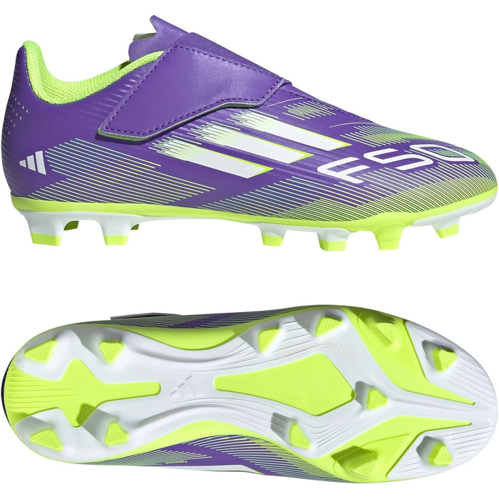 Дитячі футбольні бутси Adidas F50 Club Hook and Loop для гри на твердих та універсальних покриттях, розмір 35 EU, фіолетовий/білий/лимонний колір