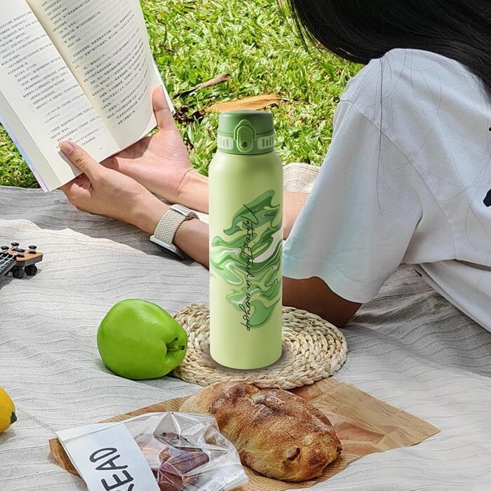 Термос-пляшка UZSPACE 1л (970мл) з нержавіючої сталі, ізольована, 1-click відкривання, не протікає, для спорту, туризму, фітнесу, тренажерного залу, на відкритий простір, колір: лісовий зелений