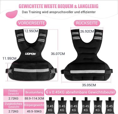 Вага для тренувань з регульованою вагою для жінок, 2.72–5.44 кг, вага з 6 знімними вагами по 0.45 кг, регульований розмір, з кишенями, чорно-сіра
