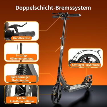 Роликовий самокат Uluck Roller Erwachsene для дорослих та підлітків, 200 мм, дискові гальма, складаний, з ременем та подвійною амортизацією (Чорний)