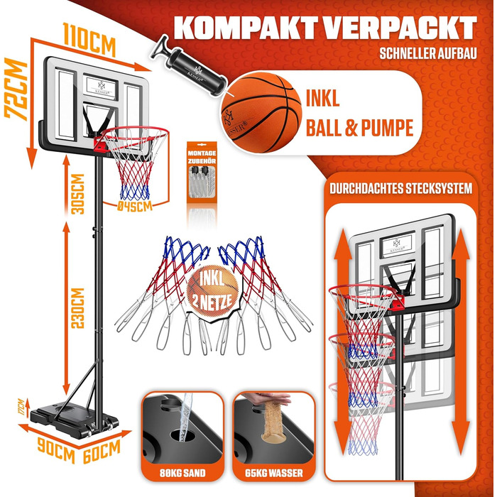 Баскетбольний кошик KESSER® Outdoor зі стійкою та колесами. В комплекті 2 сітки, м'яч та насос. Регульована висота 230-305 см. Підходить для дітей та дорослих.