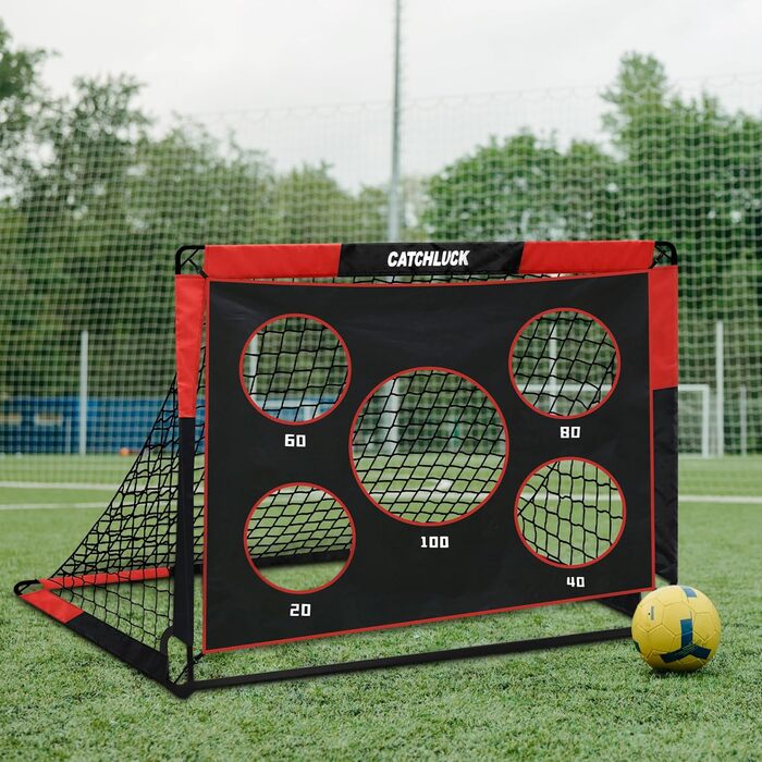 Дитячі футбольні ворота CATCHLUCK 2-в-1 для саду, 150x120x120 см, з 5 отворами для ударів, сумкою та кілочками, червоні
