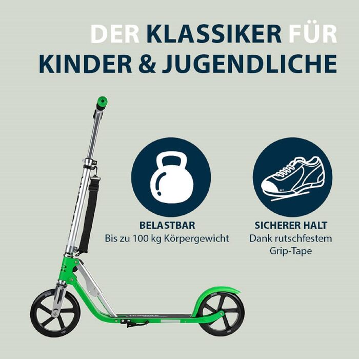 Самокат HUDORA BigWheel 205 для дітей і дорослих, складаний, регульована висота, до 100 кг, з тросовим замком і ременем для перенесення, для міста, від 6 років