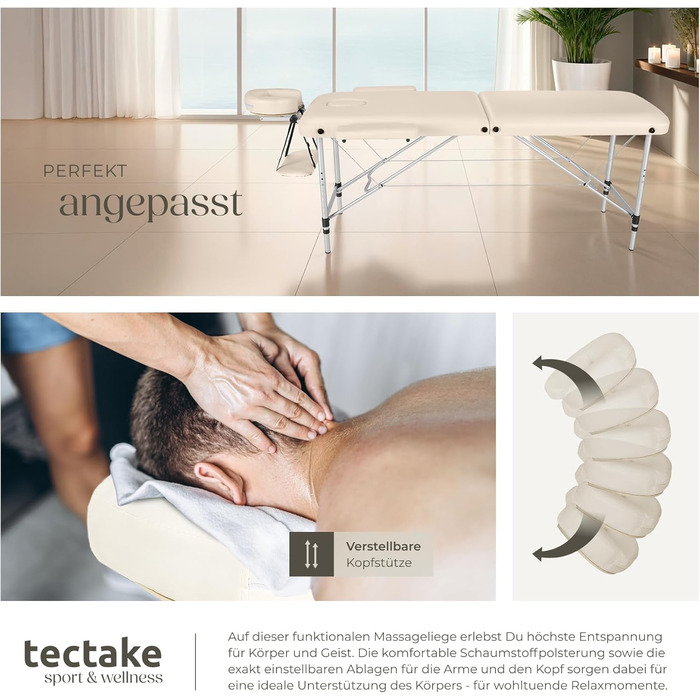 Масажний стіл Tectake 2 зони, складаний, з регулюванням висоти, з аксесуарами (головна підтримка, підлокітники, сумка) - бежевий