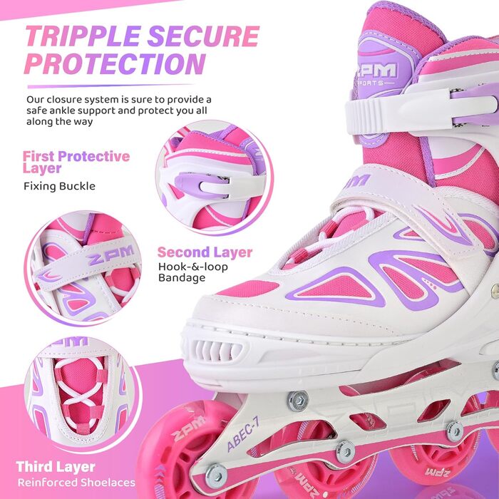 Дитячі ролики 2PM SPORTS регульовані, світні, для дівчаток/хлопчиків (біло-рожеві, X-Large(EU 42-44.5))