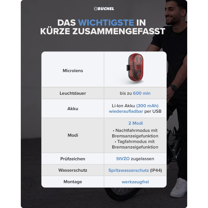 Задній ліхтар для велосипеда Büchel LED, акумуляторний, сертифікований StVZO, з функцією покажчика гальмування