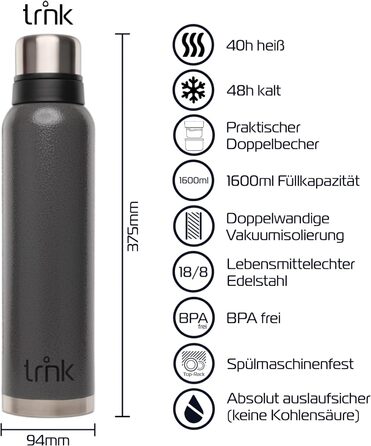 Термос TRNK Outdoor Polar 2, 1600 мл, нержавіюча сталь, BPA-free, з двома чашками, тримає тепло до 40 годин, підходить для посудомийки, колір вулканічний сірий
