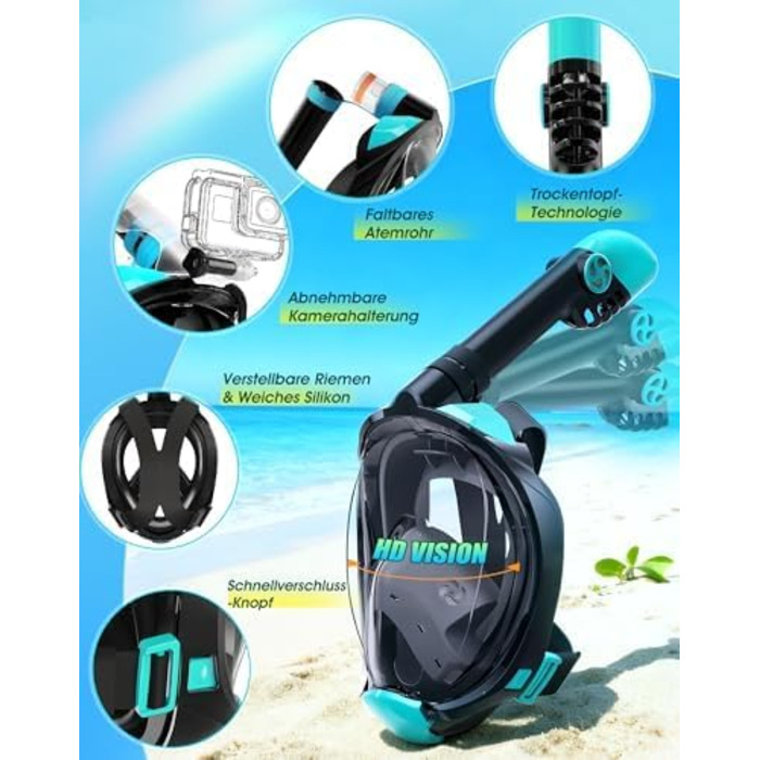 Набір для снорклінгу для дорослих: складана маска з трубкою та ластами, CO2-безпечна, проти запотівання та без витоку, з сумкою. Маска та ласти S/M, чорно-зелений колір