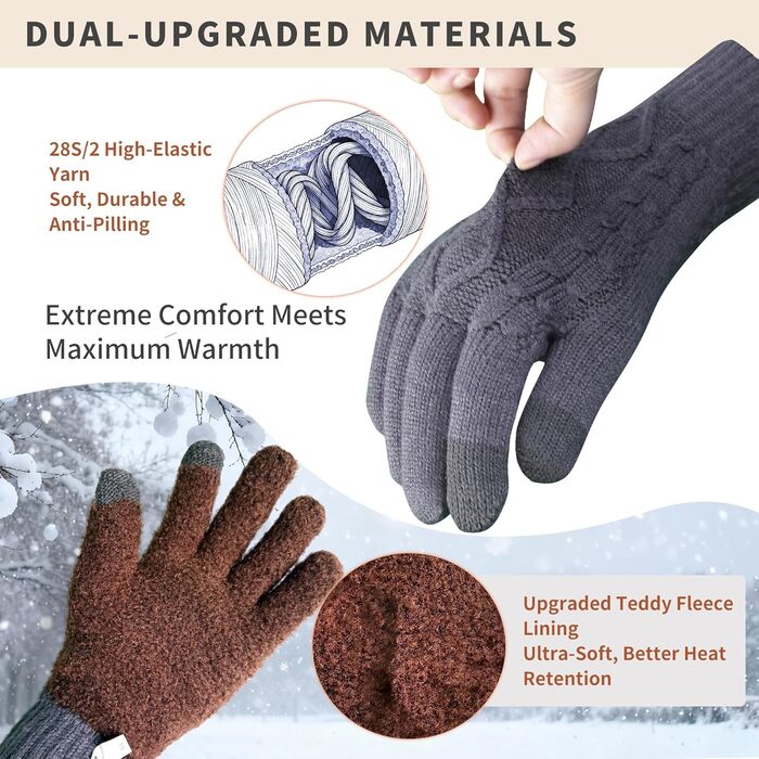 Зимові чоловічі рукавички Daen Thero з підтримкою сенсорного екрану, в'язані з вовни з флісовою підкладкою, для спорту та активного відпочинку (M, сірий)