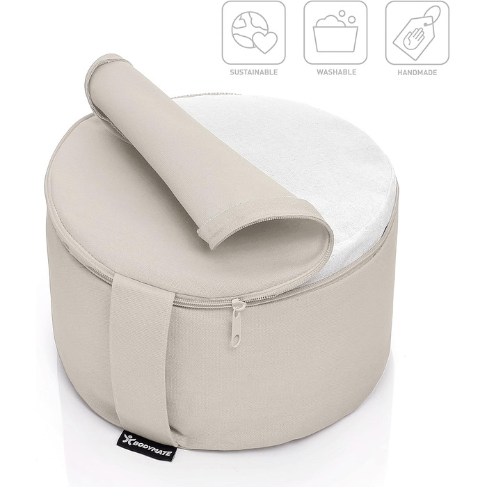 Подушка для йоги та медитації BODYMATE кругла 31 см, бежева - з гречаним лушпинням, бавовняний чохол, 16 см