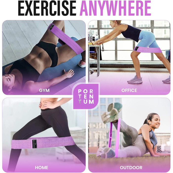 Еластичні гумки для фітнесу Portentum Resistance Bands: набір для йоги та силових тренувань (рожевий, зелений, фіолетовий)