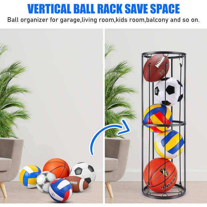Стійка для баскетбольного м'яча на 2 яруси з 3 мотузками, органайзер для спортивних м'ячів, настінний тримач, для гаража, баскетболу, футболу
