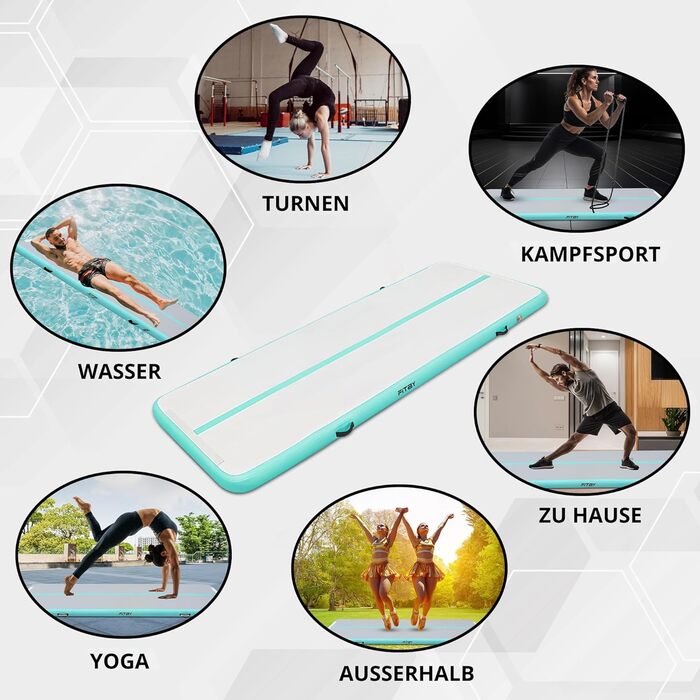Гімнастичний надувний мат Airtrack 3м – для дітей та дорослих – з електричним насосом, для йоги та фітнесу, білий/бірюзовий