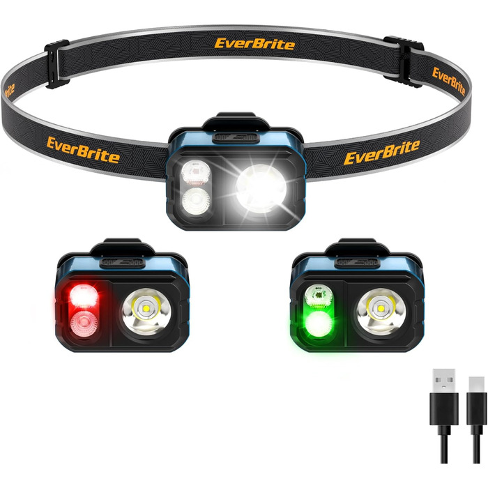 EverBrite LED налобний ліхтар: перезарядна, 45г, IP67, 7 режимів, червоне та зелене світло. Ідеально для бігу, походів, кемпінгу