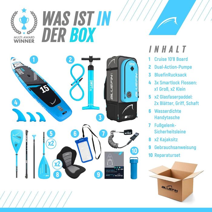 Набір для SUP Bluefin Cruise Premium: надувне весло для дорослих, з рюкзаком, веслом з фібергласу та насосом. 5 років гарантії. Колір: блакитний, довжина: 15'