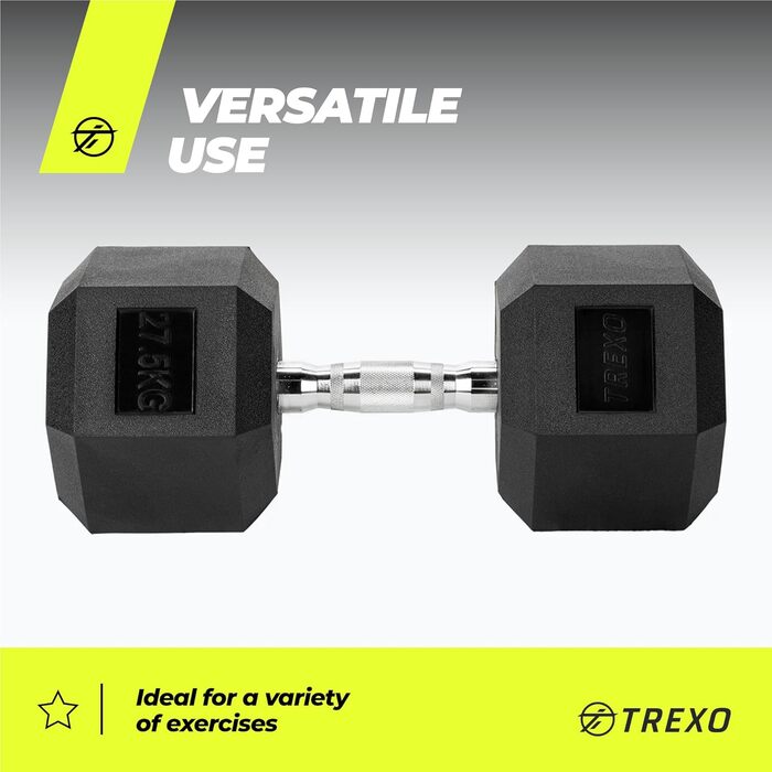 Гантель TREXO Hex 27,5 кг, гексагональна, гумова, чавун, для силових тренувань, ергономічна ручка, універсальна, домашній спортзал