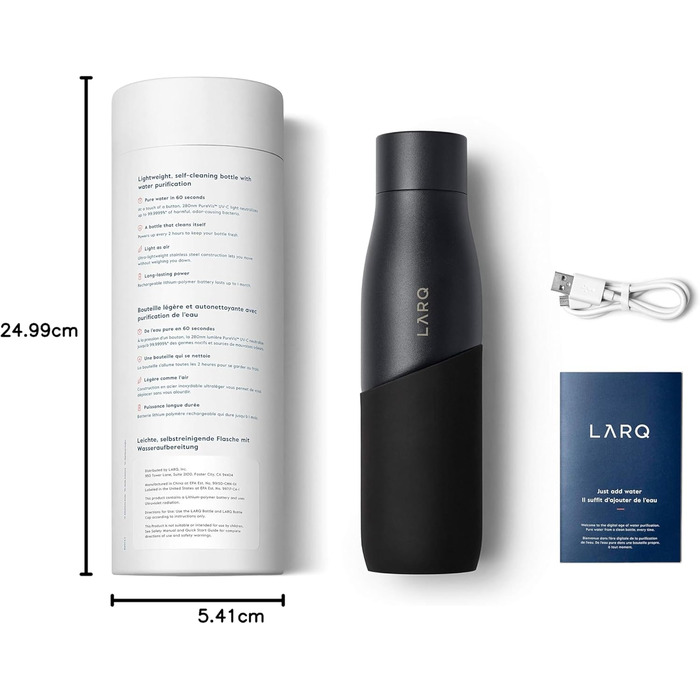 Пляшка для води LARQ Movement PureVis 950 мл, легка, неізольована, з нержавіючої сталі, з УФ-очищенням, багаторазова, для подорожей, чорна