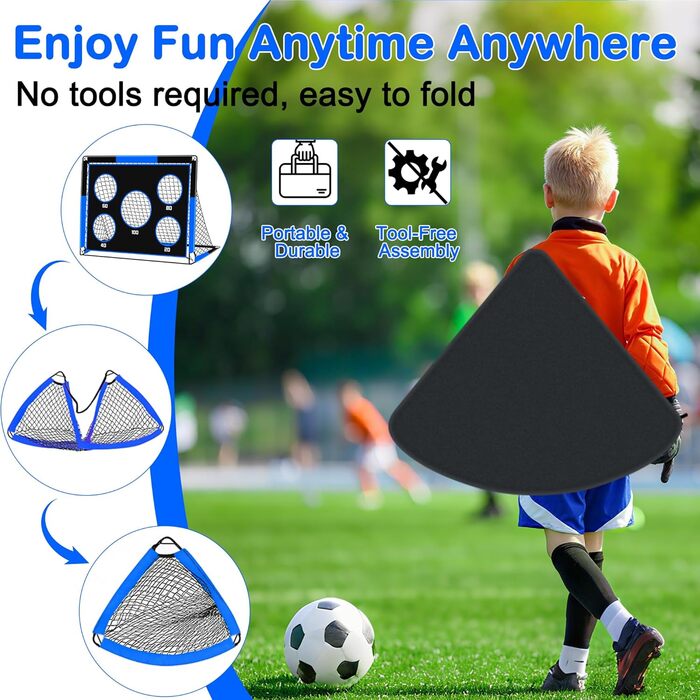Дитячі ворота для футболу 2-в-1, 150 x 120 см, переносні та стабільні, з 5 цілями, 4 земляні кілочки та сумка, для саду, парку, пляжу (блакитні)